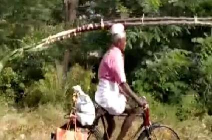 An old man rides cycle by carrying sugarcane on his head