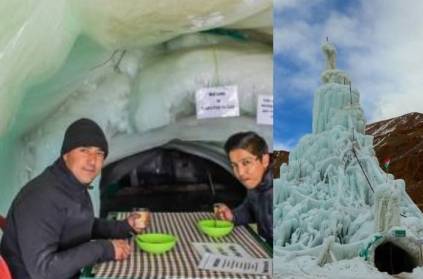 cafe build by ice cube in mountain 14000 feet above from land in ladak