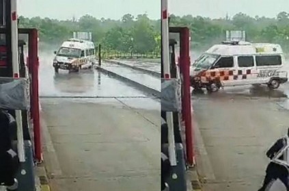 karnataka ambulance with patient skids and crash in tollgate