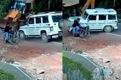 Kerala : Miraculous escape for biker after car rams into speeding JCB