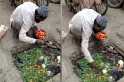 seller washes vegetables in ditch கழிவுநீரில் காய்கறிகளை கழுவும் நபர்