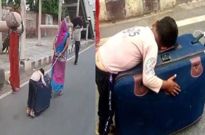 small boy slept on the suitcase while walking viral video