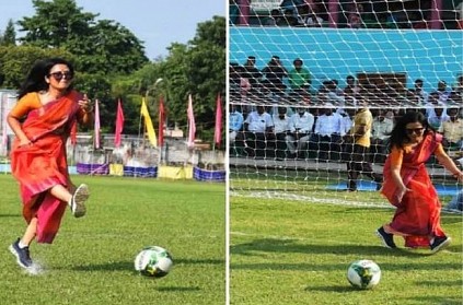 trinamool mp mahua moitra plays football by wearing saree