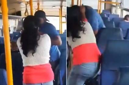 woman thrashes a man who misbehaved with her in the moving bus video