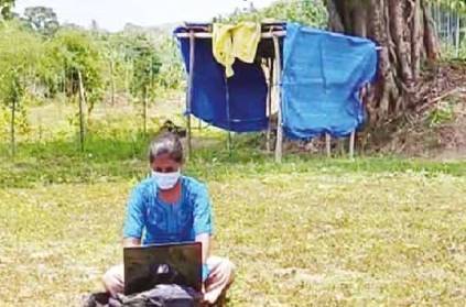 Young girl worked with laptop in forest due to internet issue