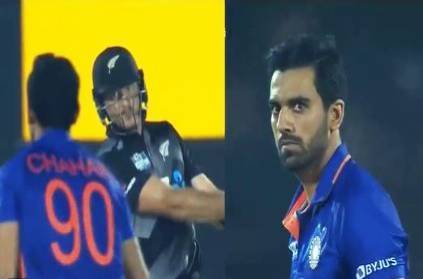 Deepak Chahar stares at Martin Guptill after getting him out