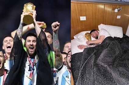 Lionel Messi Sleeping with FIFA World Cup Trophy
