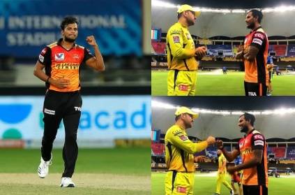srh natarajan meets dhoni after the match and pics gone viral