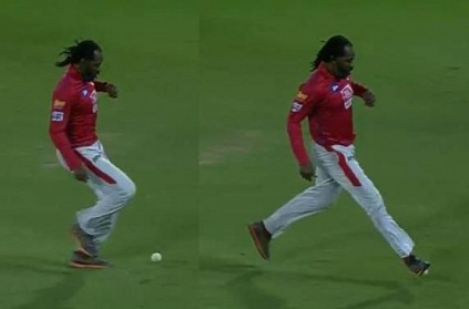 WATCH: Gayle kicks the ball to the boundary in an attempt to stop it