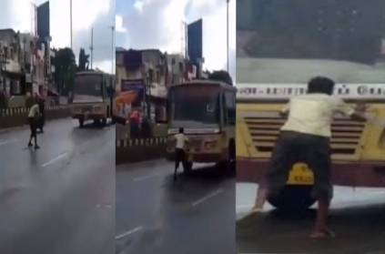Chromepet man trying to stop a drunken bus with one hand