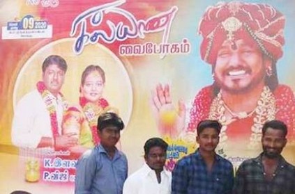 Groom friends printed Nithyananda photo in the Wedding wishes Banner