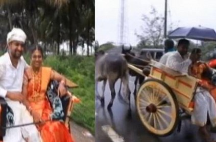 newly married couple travelling in cart due to awareness