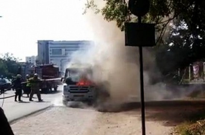 tempo traveller catches fire in Kovai avinashi road