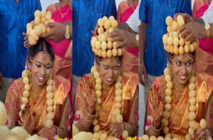 woman wears a panipuri as a garland and crown wedding