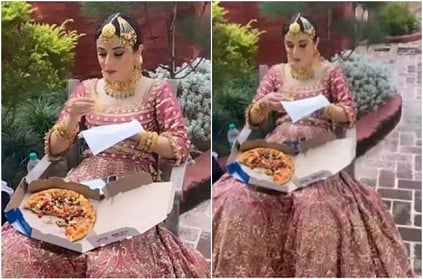 bride enjoys a pizza before the wedding ceremonies video