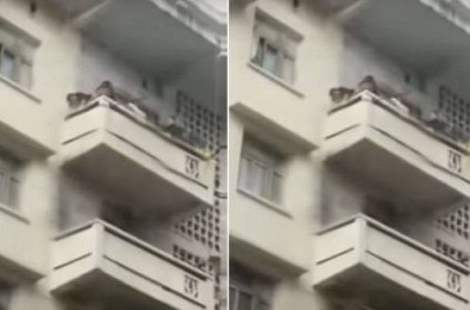 elder woman dangles 7 yr old boy from 5th floor balcony