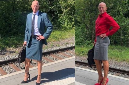 Germany man wears a skirt and heels while he goes to work