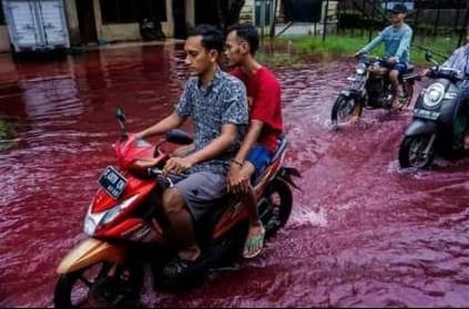 Indonesian village gets flooded with surreal red water