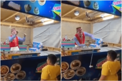 Little boy stuns Turkish ice cream seller during fun trick