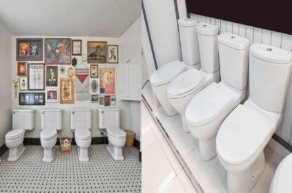 four toilets in the bathroom of a house in America