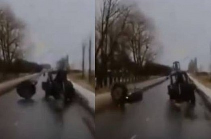 VIDEO: JCB loose tire hits car on highway in Russia