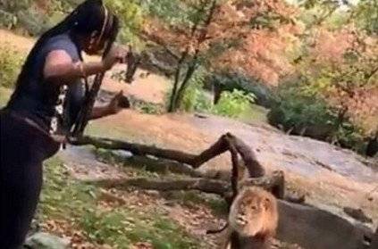 woman climbs inside zoo exhibits and meets lion viral video