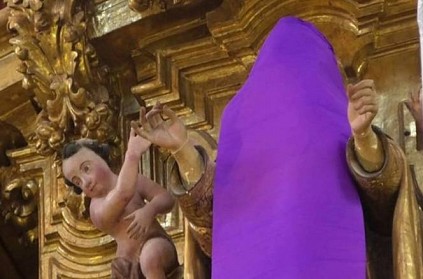 Women statue covered with purple clothes in Mexican Church