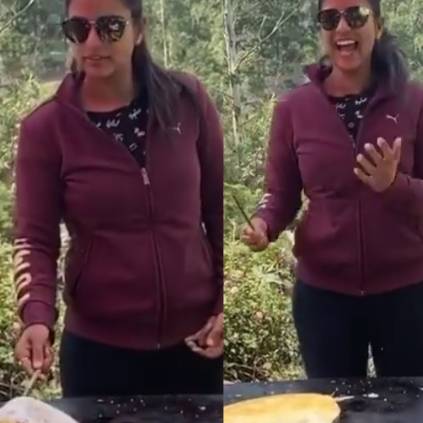 ஐஷ்வர்யா ராஜேஷ் தோசை ஊற்றும் வீடியோ | aishwayra rajesh's shooting spot fun as chef preparing dosa.