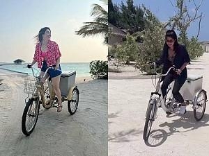 Divaya bharathi riding cycle at beach like tammananh
