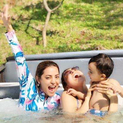 Kajal Aggarwal shared pics with her nephew Ishaan and his mom Nisha in a swimming pool