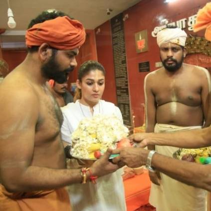 Nayanthara who's starring RJ Balaji's Mookuthi Amman visited a temple with Vignesh Shivan