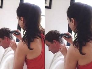 லாக்டவுனில் கணவருக்கு முடி வெட்டும் நடிகை Popular actress turns into hairdresser for husband in corona lockdown