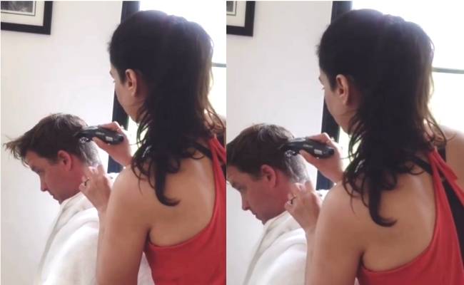லாக்டவுனில் கணவருக்கு முடி வெட்டும் நடிகை Popular actress turns into hairdresser for husband in corona lockdown